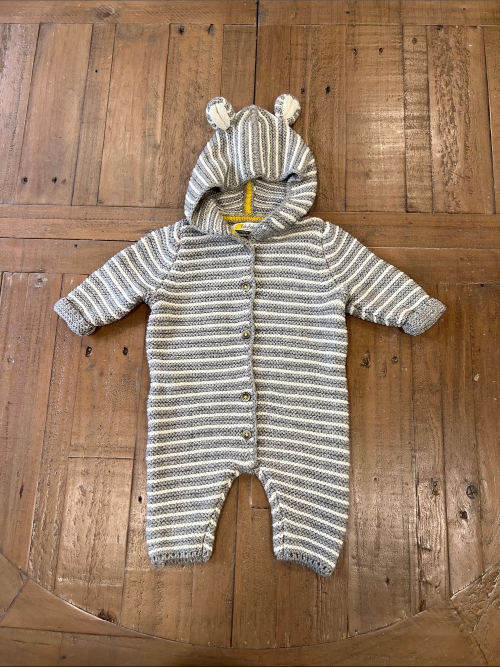 Mini Boden gray and white striped knit hooded romper with ears 0-3 months